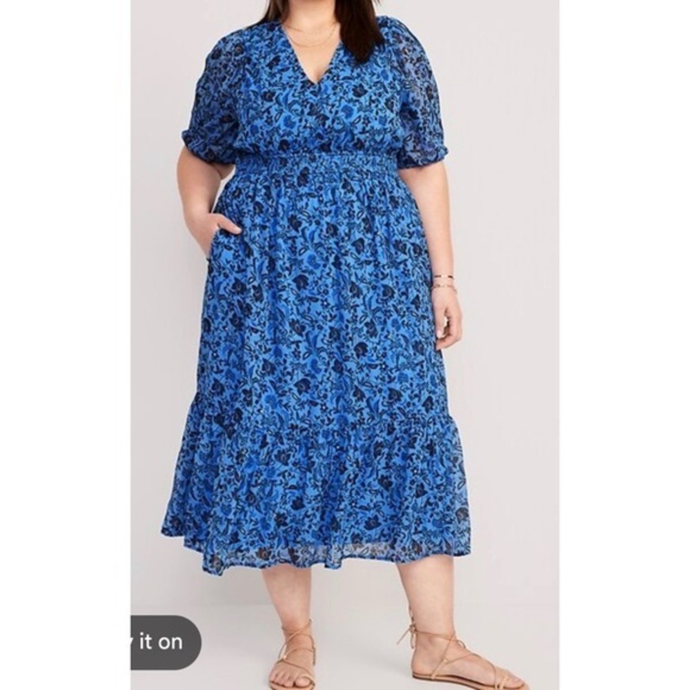 OLD NAVY Blue Floral Waist Defined Puff Sleeve Cottagecore Summer Midi Dress XXL
